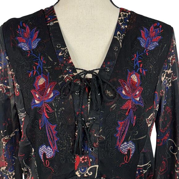 Reba Medium Midi Dress Paisley Long Balloon Sleeve Embroidered Lined Tasseled - Picture 2 of 12